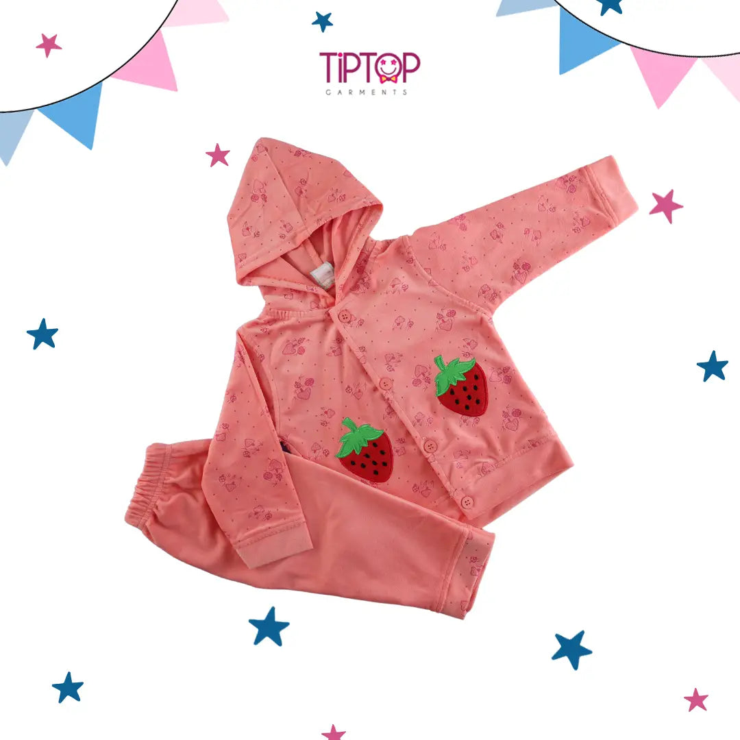 Pink Suit With Strawberry Printed Hoodie For Girls