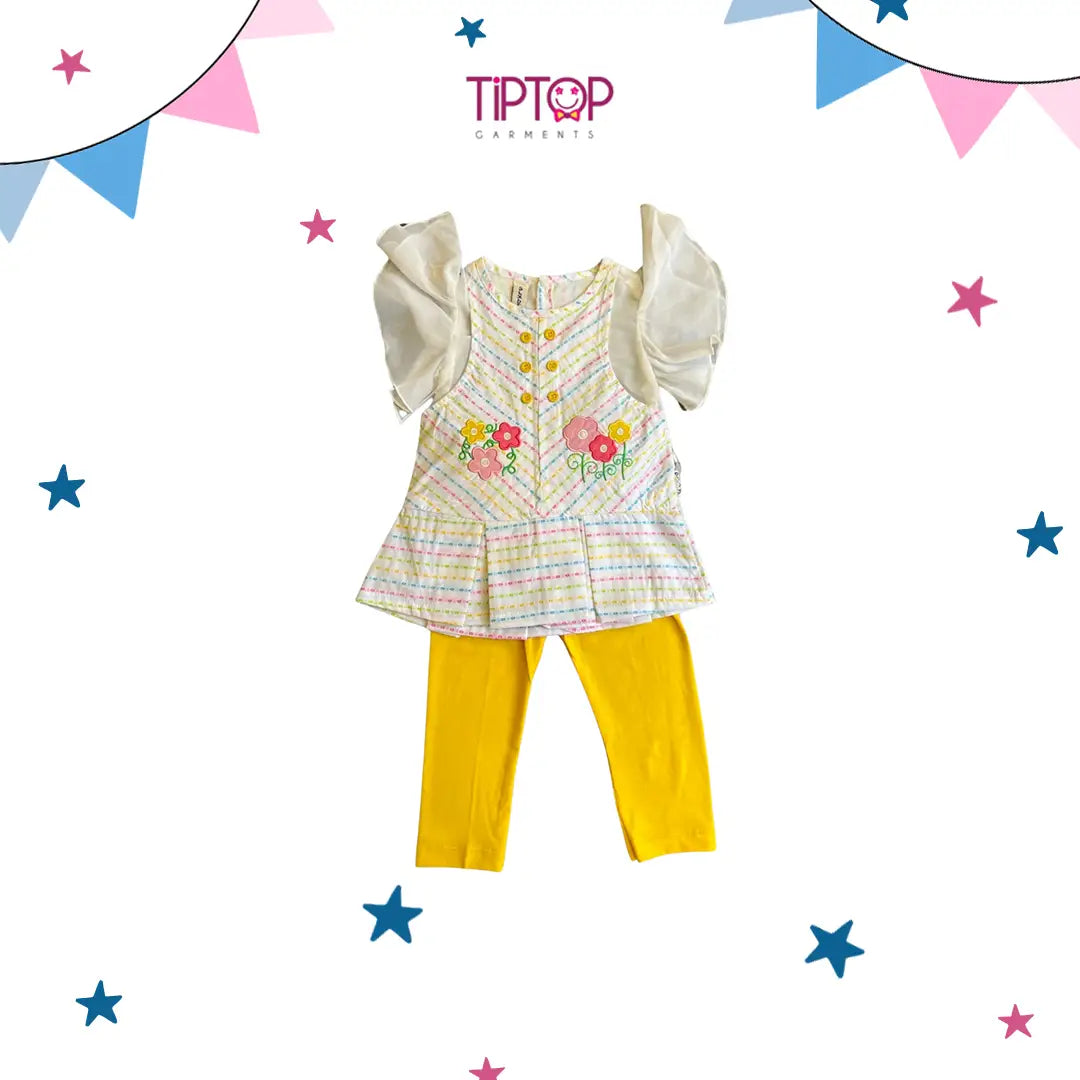 OFF WHITE TOP WITH YELLOW TROUSER WITH STICHING DESIGN GIRLS SUIT