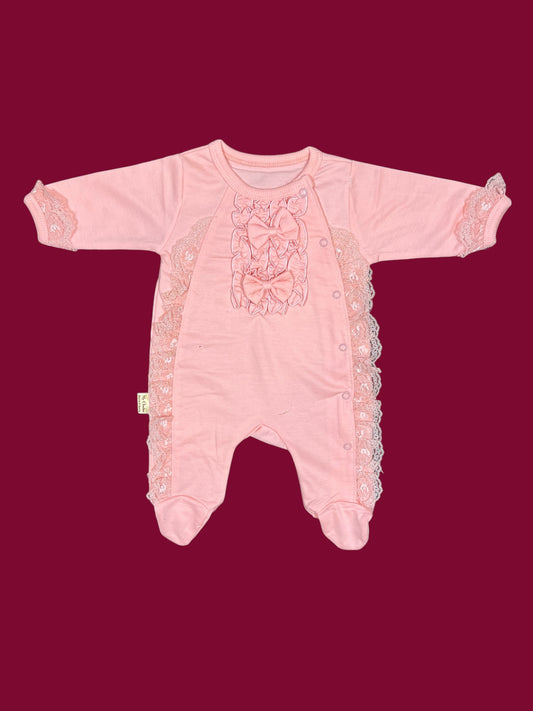 Lace-Trimmed Baby Romper with Bow AccentsBaby Suit