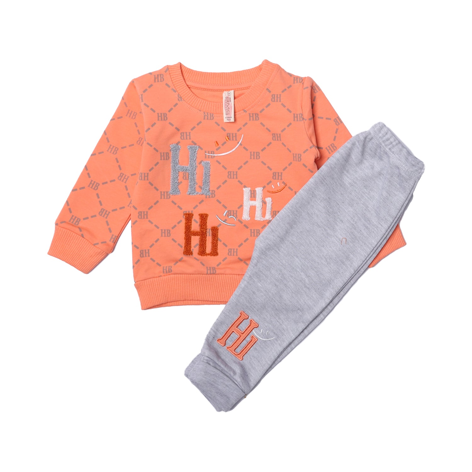 PEACH WITH GREY TROUSER "HI" EMBROIDERED BABA SUIT FOR WINTERS