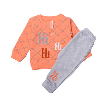 PEACH WITH GREY TROUSER "HI" EMBROIDERED BABA SUIT FOR WINTERS