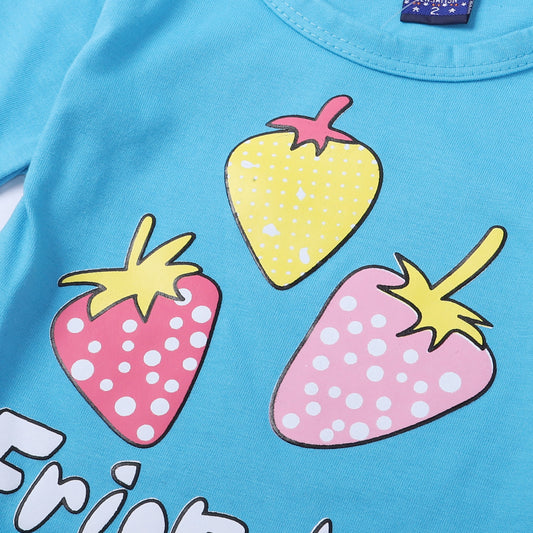 BLUE TOP WITH BLACK TROUSER "STRAWBERRY FRIENDS" PRINTED SUIT FOR GIRLS