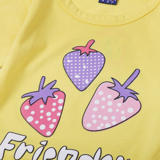 YELLOW TOP WITH BLACK TROUSER "STRAWBERRY FRIENDS" PRINTED SUIT FOR GIRLS