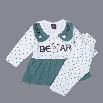 GREEN & WHITE BEAR PRINTED FROCK WITH WHITE TROUSER SUIT FOR GIRLS