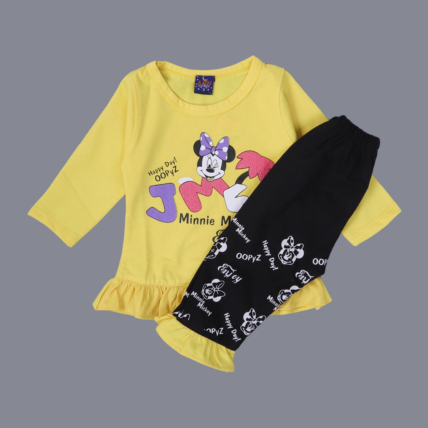 YELLOW TOP WITH BLACK TROUSER "MINNIE MICKEY" PRINTED SUIT FOR GIRLS