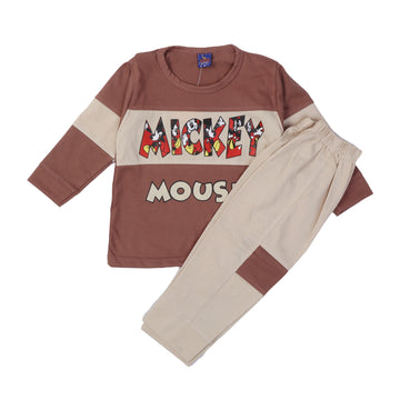 DARK BROWN T-SHIRT WITH LIGHT BROWN TROUSER MICKEY MOUSE PRINTED BABA SUIT