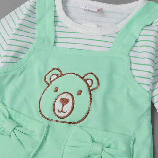 PISTA GREEN FROCK WITH WHITE TROUSER STRIPES "BEAR" PRINTED SUIT FOR GIRLS