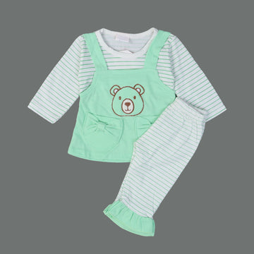 PISTA GREEN FROCK WITH WHITE TROUSER STRIPES "BEAR" PRINTED SUIT FOR GIRLS