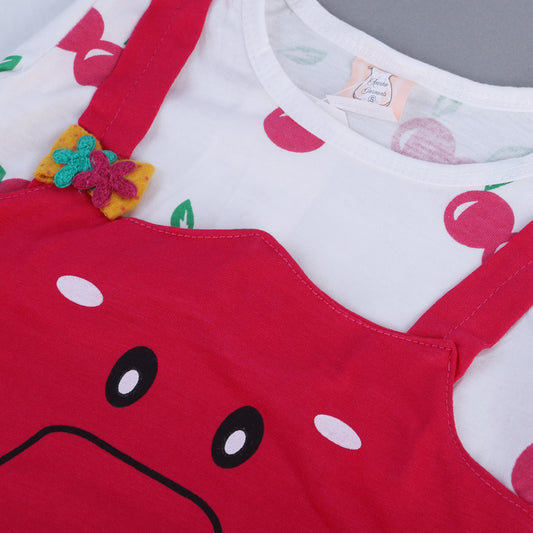 RED FROCK WITH WHITE PAJAMA "SMILEY & RED ORANGE" PRINTED SUIT FOR GIRLS