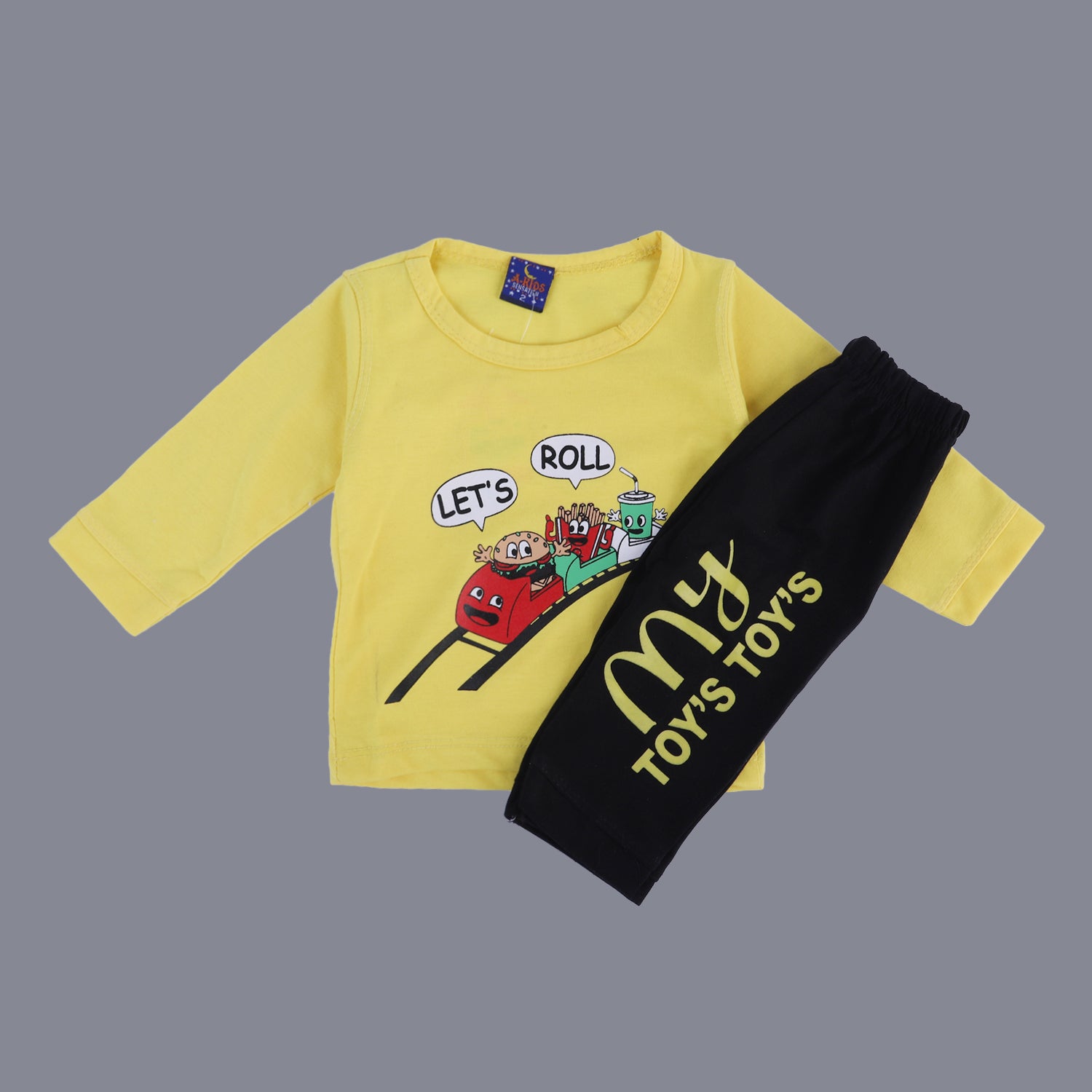 YELLOW T-SHIRT WITH BLACK TROUSER "LET'S ROLL" PRINTED BABA SUIT