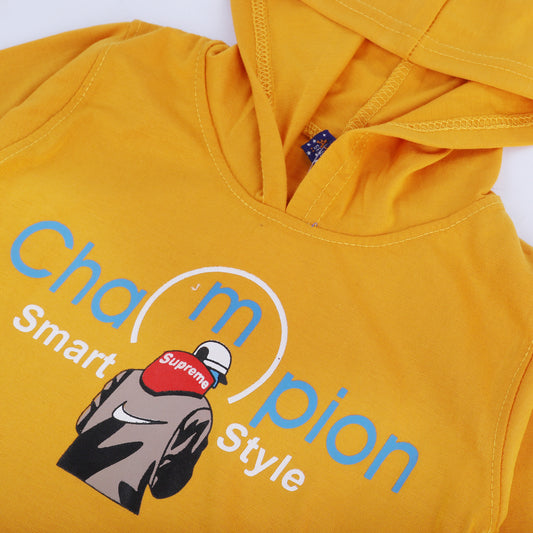 YELLOW HOODIE WITH BLACK TROUSER "CHAMPION" PRINTED BABA SUIT