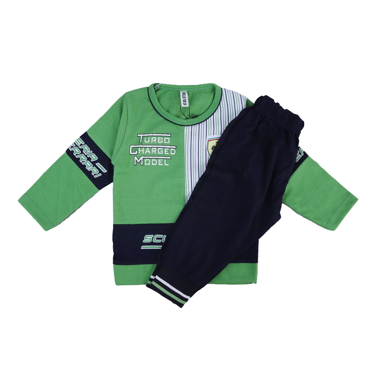 LIGHT GREEN T-SHIRT WITH BLACK TROUSER "TURBO CHARGED MODEL" PRINTED BABA SUIT