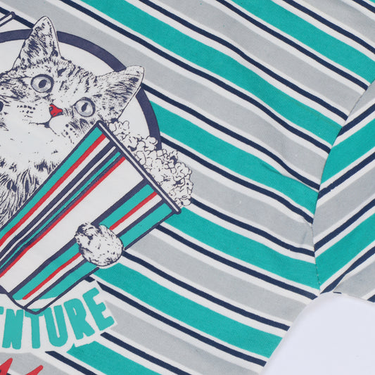 BLUE & GREY STRIPES CAT PRINTED HALF SLEEVES T-SHIRT FOR BOYS