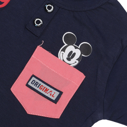 BLACK WITH PEACH POCKET MICKEY PRINTED HALF SLEEVES T-SHIRT FOR BOYS