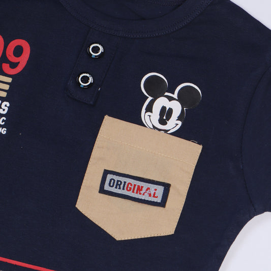 BLACK WITH BROWN POCKET MICKEY PRINTED HALF SLEEVES T-SHIRT FOR BOYS