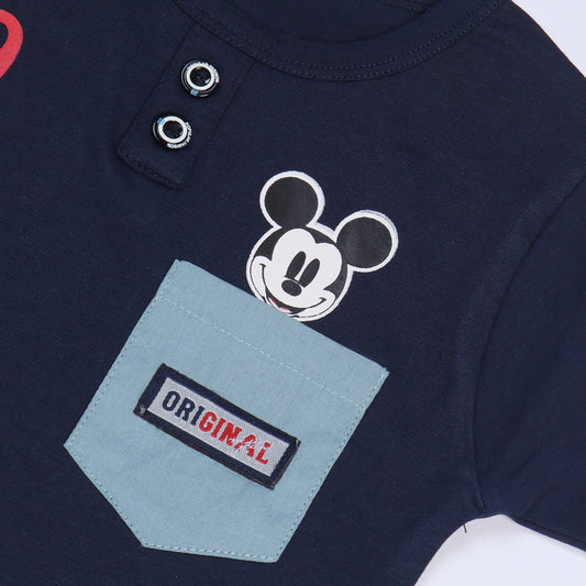 BLACK WITH BLUE POCKET MICKEY PRINTED HALF SLEEVES T-SHIRT FOR BOYS