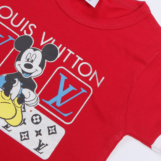 RED MICKEY MOUSE PRINTED HALF SLEEVES T-SHIRT FOR BOYS