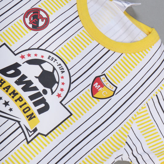 YELLOW & BLACK STRIPES "BWIN CHAMPION" PRINTED HALF SLEEVES T-SHIRT FOR BOYS