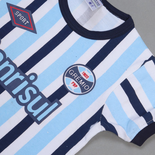 WHITE WITH BLUE STRIPES "BANRISUL" PRINTED HALF SLEEVES T-SHIRT FOR BOYS