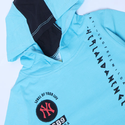 LIGHT BLUE FULL SLEEVES HOODIE KEY PRINTED "ROAD WARRIOR" - BABA T-SHIRT