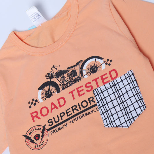 PEACH FULL SLEEVES TSHIRT KEY PRINTED "ROAD TESTED" - BABA T-SHIRT