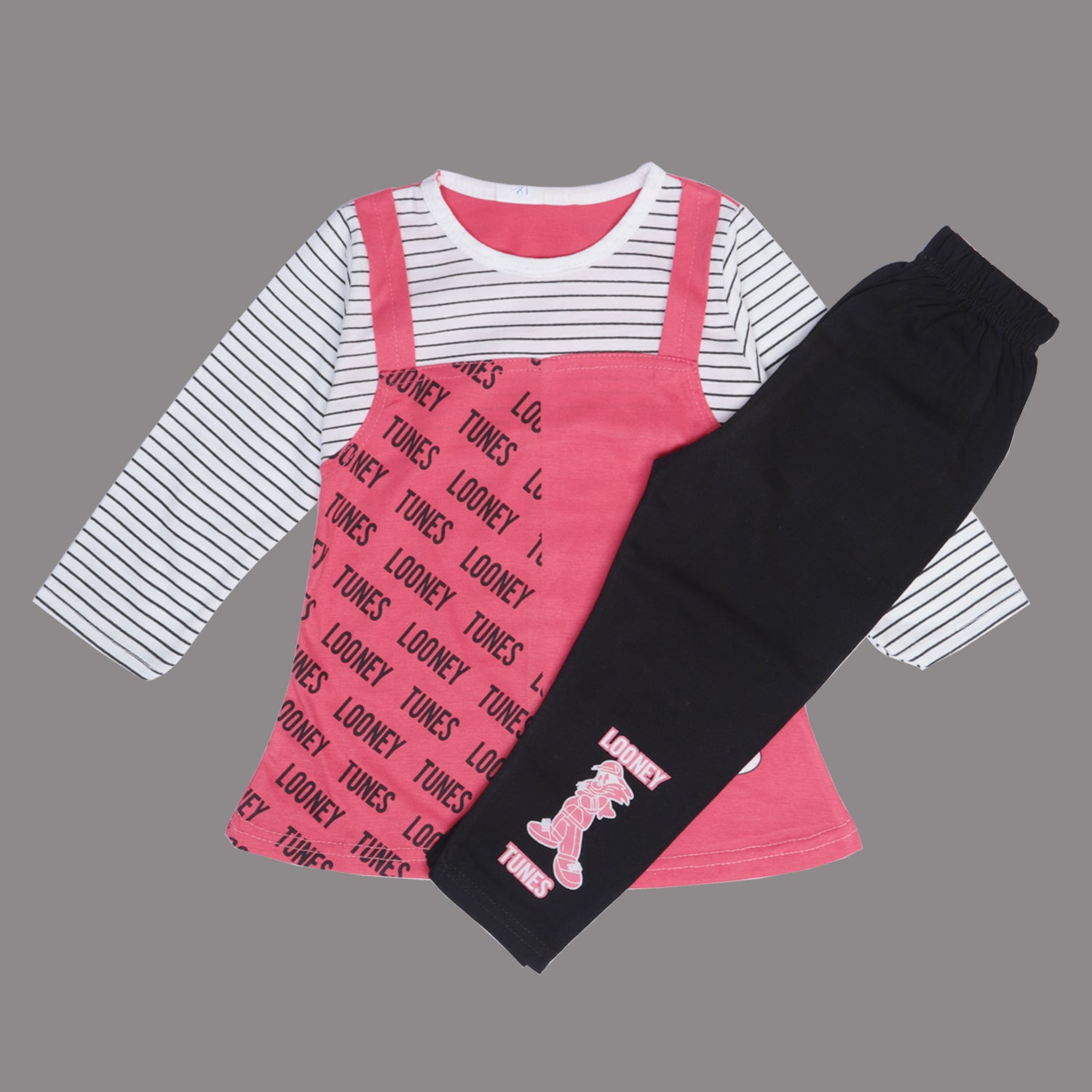 RED WITH BLACK STRIPES FROCK WITH BLACK TROUSER CAT PRINTED SUIT FOR GIRLS