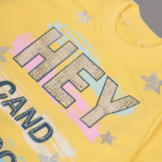 YELLOW T-SHIRT WITH GREY TROUSER HEY CAND SCHOOL PRINTED SUIT FOR GIRLS