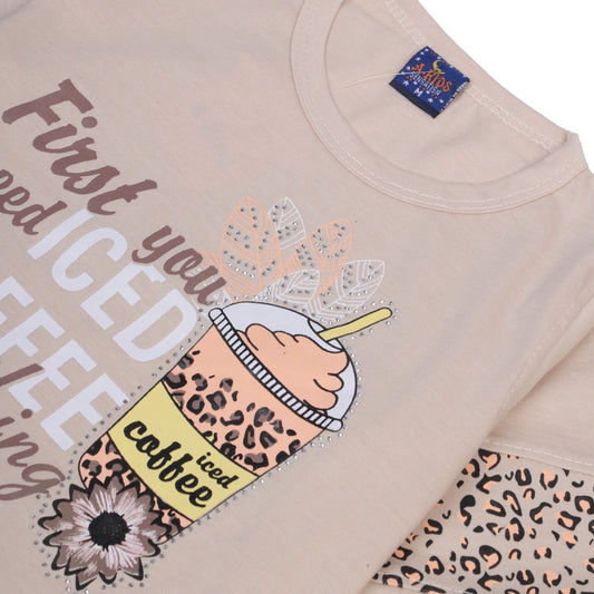 LIGHT BROWN T-SHIRT WITH DARK BROWN TROUSER ICED COFFEE PRINTED SUIT FOR GIRLS