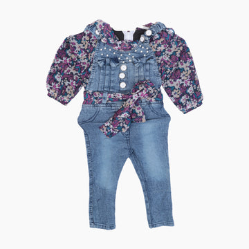 FULL SUIT ROMPER DENIM WITH FLORAL PRINTED SHIRT - BABY ROMPER